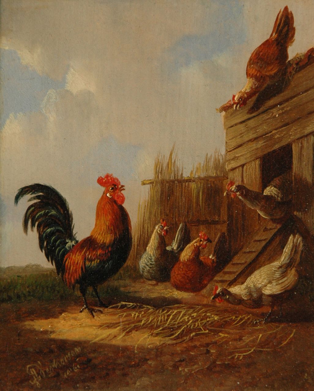 Verhoesen A.  | Albertus Verhoesen, The rooster with his hens (pair), Öl auf Holz 12,7 x 10,5 cm, signed l.l. und dated 1861