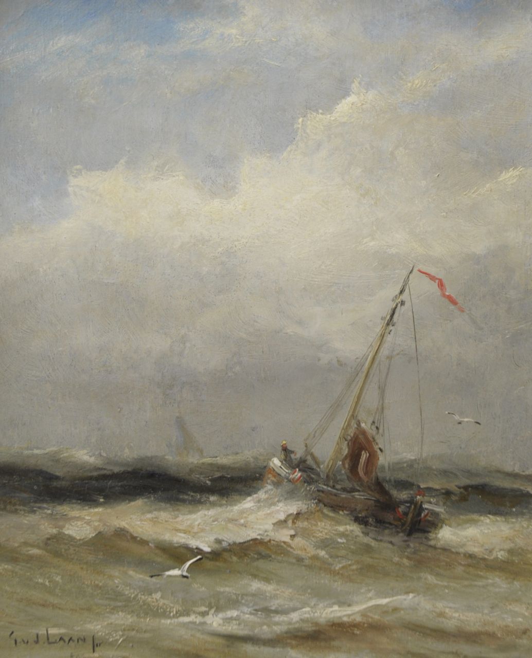 Laan G. van der | Gerard van der Laan, Ship at shore, Öl auf Malereifaser 19,5 x 16,0 cm, signed l.l. and reverse