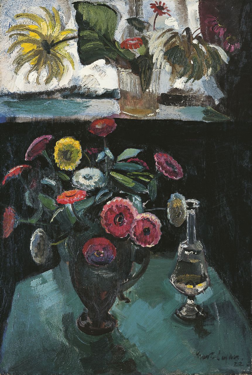 Leyden O.M.E.  | Oskar Moritz 'Ernst' Leyden, Flower still life with  a glass decanter, Öl auf Leinwand 94,0 x 63,6 cm, signed l.r. und dated '22