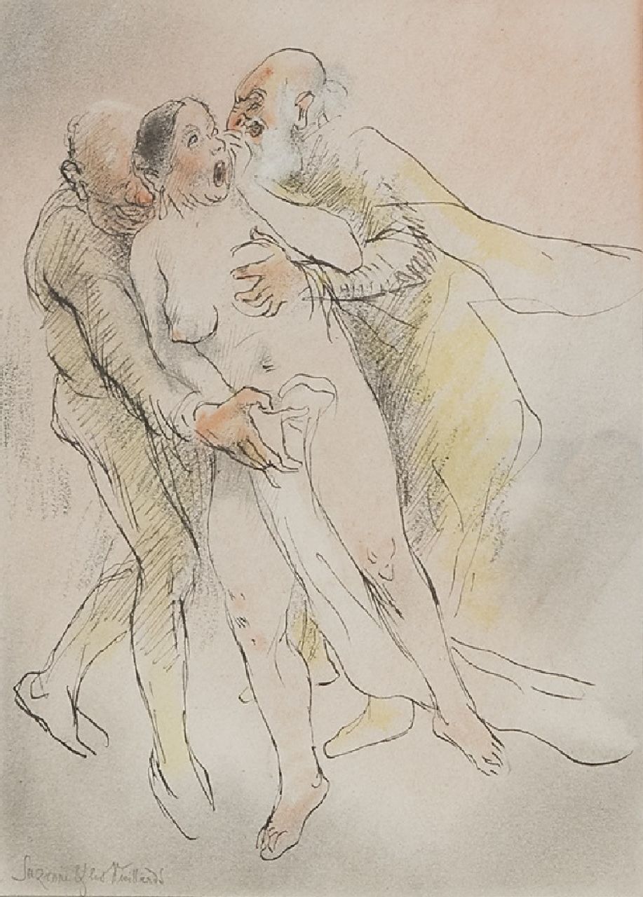 Rassenfosse A.L.  | André Louis 'Armand' Rassenfosse | Aquarelle und Zeichnungen zum Verkauf angeboten | Suzanne & Les Vieillards, Bleistift, Tinte und Pastell auf Papier 19,7 x 15,3 cm