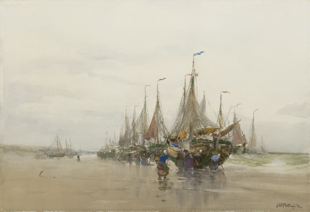 Gruppe C.P.  | Charles Paul Gruppe, Fishing barges on the beach, Aquarell auf Papier 39,5 x 58,7 cm, signed l.r.