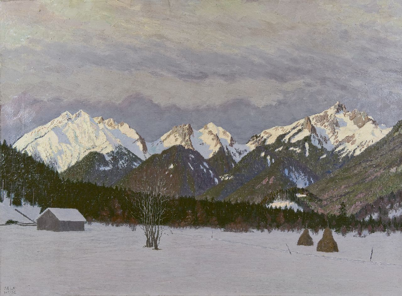 Alexander Weise | Beschneites Ammergebirge bei Abendlicht, Öl auf Leinwand, 73,5 x 99,8 cm, Unterzeichnet l.u.