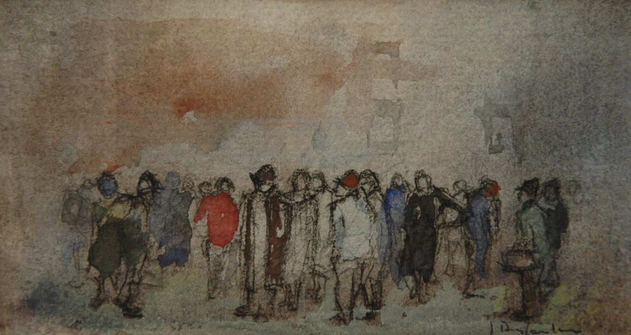 Rijlaarsdam J.  | Jan Rijlaarsdam, Figures in a street, Aquarell auf Papier 7,9 x 13,5 cm, signed l.r. und painted ca. 1978