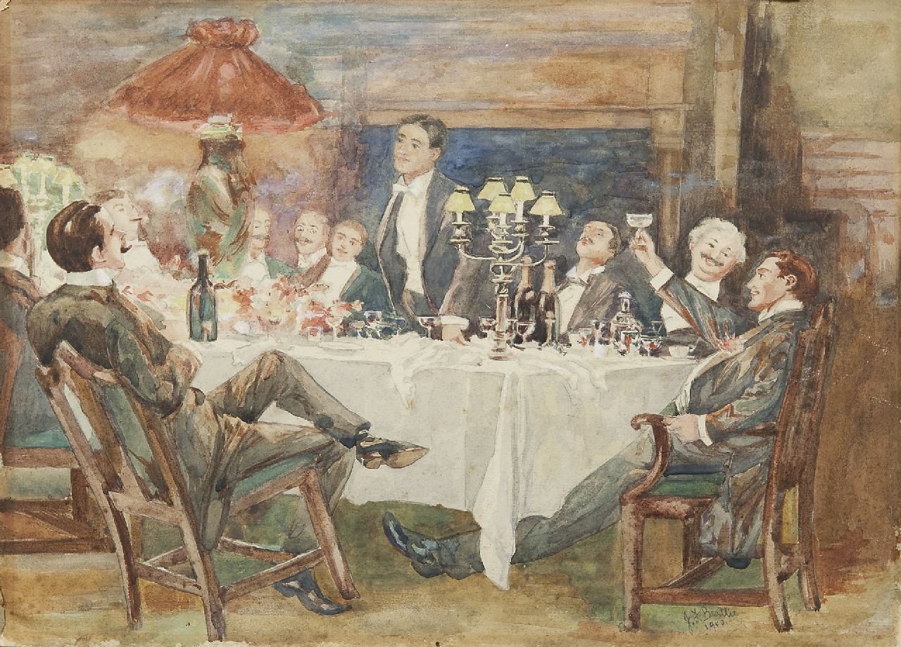 Beattie J.F.  | Beattie, The bachelor dinner, Aquarell auf Papier 25,3 x 35,5 cm, signed l.r. und dated 1900