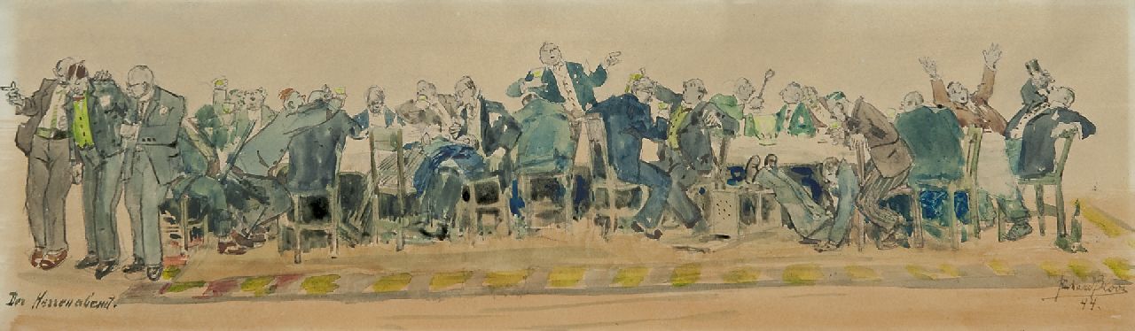 Bloos R.W.  | 'Richard' Willi Bloos, The gentlemen's evening, Aquarell auf Papier 14,1 x 48,9 cm, signed l.r. und dated '44