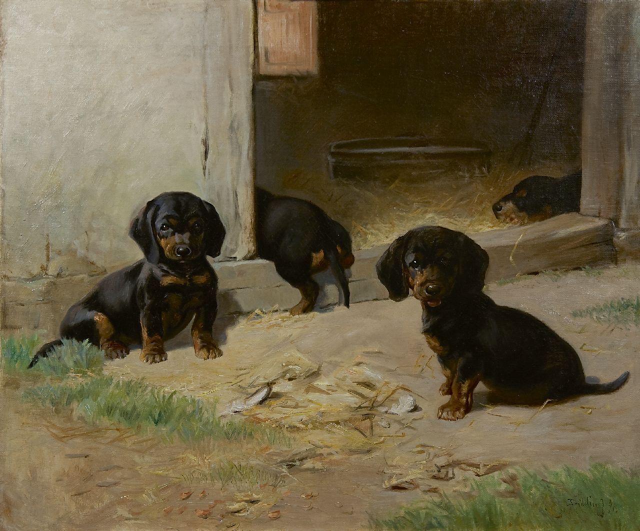 Fridolin Johansen | Young dachshunds around a barn, Öl auf Leinwand, 52,3 x 63,0 cm, signed l.r. und dated '91