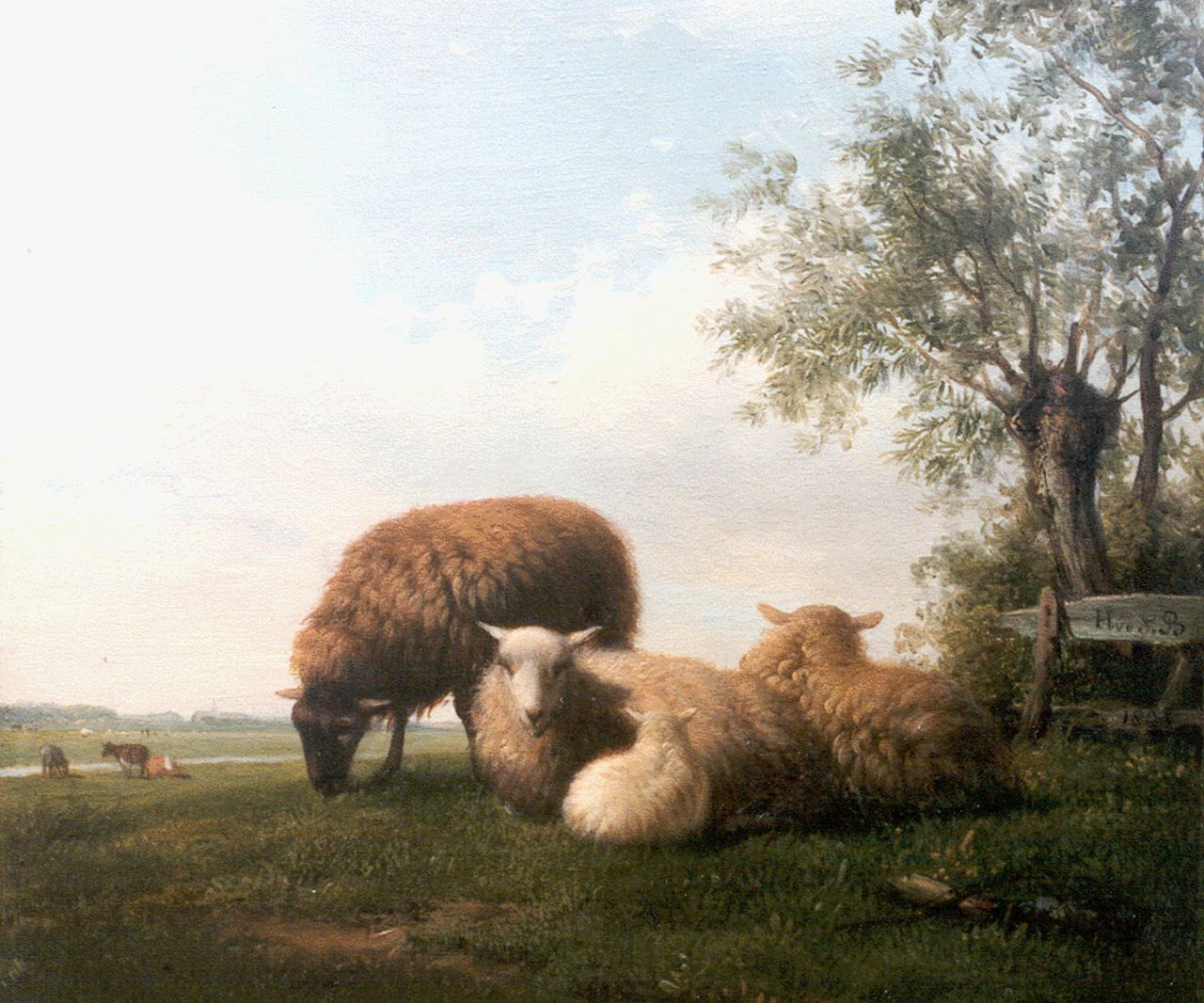 Sande Bakhuyzen H. van de | Hendrikus van de Sande Bakhuyzen, Sheep near a fence, Öl auf Holz 17,5 x 20,5 cm, signed l.r. on the fence und dated 1825