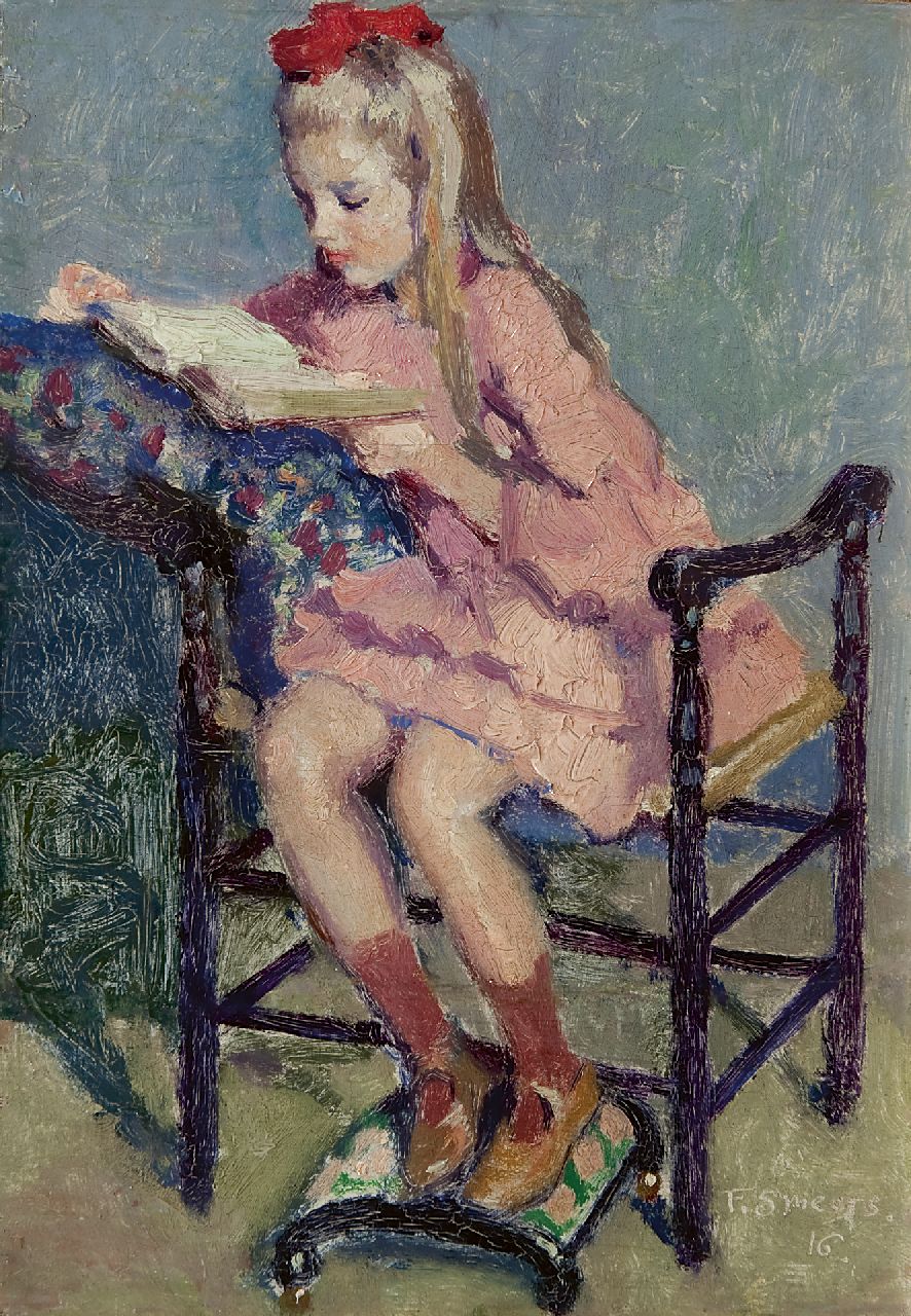 Smeers F.  | Frans Smeers, Girl reading, Öl auf Holz 23,9 x 16,7 cm, signed l.r. und dated '16