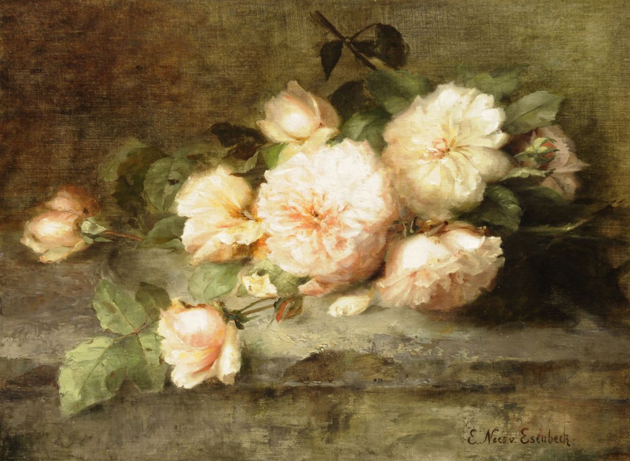 Nees von Esenbeck E.  | Elise Nees von Esenbeck, Blumenstilleben von roten Rosen, Öl auf Leinwand 43,2 x 58,9 cm, Unterzeichnet r.u.