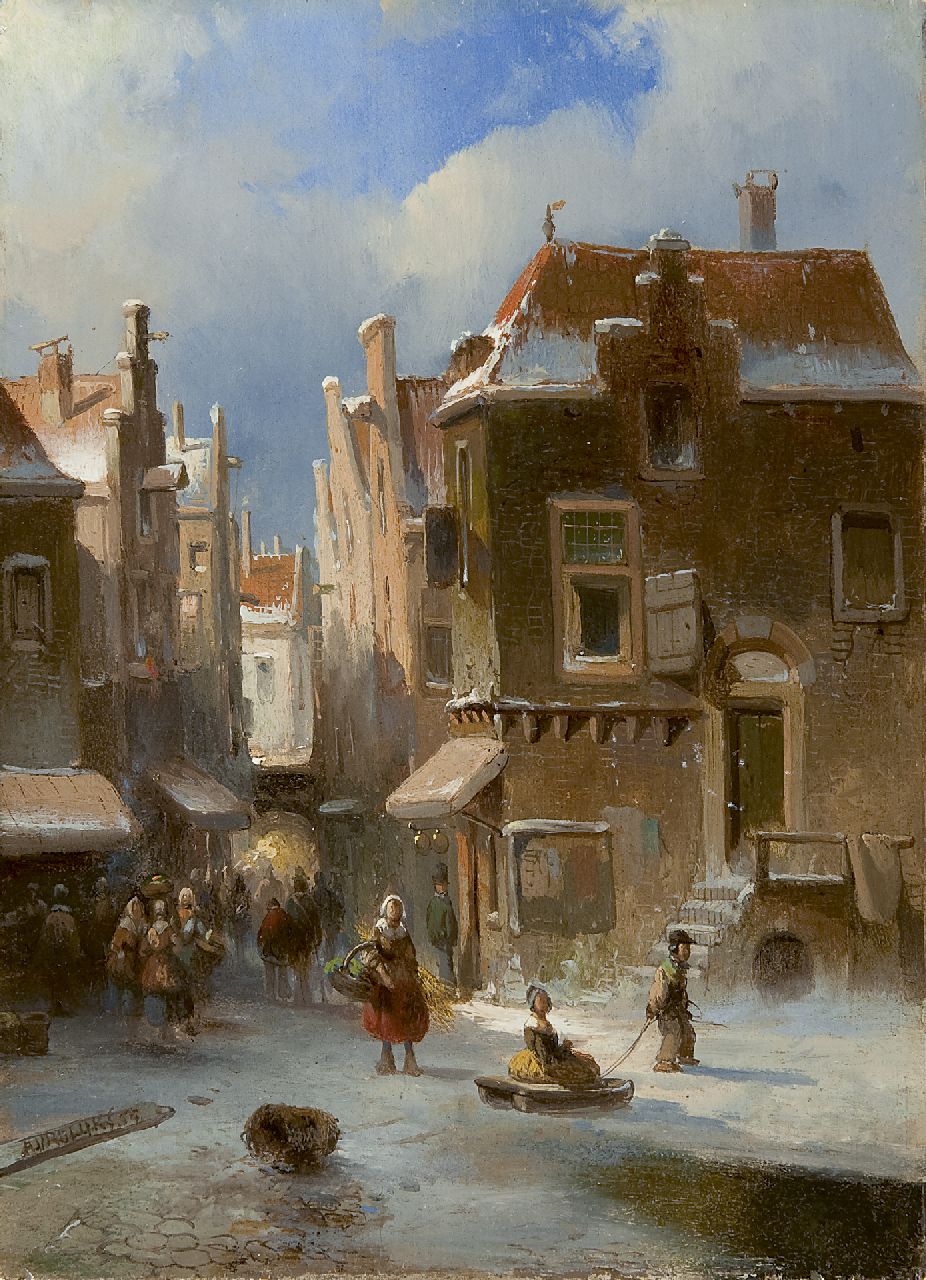 Vrolijk J.A.  | Jacobus 'Adriaan' Vrolijk, A snow covered street, Öl auf Holz 23,2 x 16,8 cm, signed l.l. und dated '54