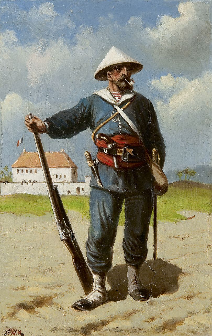 Koekkoek H.W.  | Hermanus Willem Koekkoek, Französischer Soldat, der Wache hält in Französisch Indochina, Öl auf Tafel 24,9 x 16,2 cm, Unterzeichnet l.u. mit Initialen