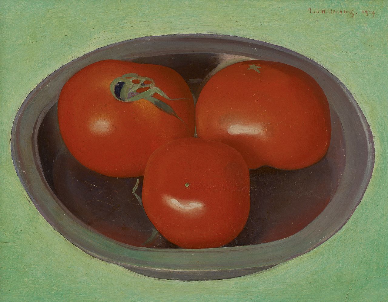 Wittenberg J.H.W.  | 'Jan' Hendrik Willem Wittenberg, Still life of three tomatoes on a plate, Öl auf Leinwand Malereifaser 17,5 x 23,2 cm, signed u.r. und dated 1919