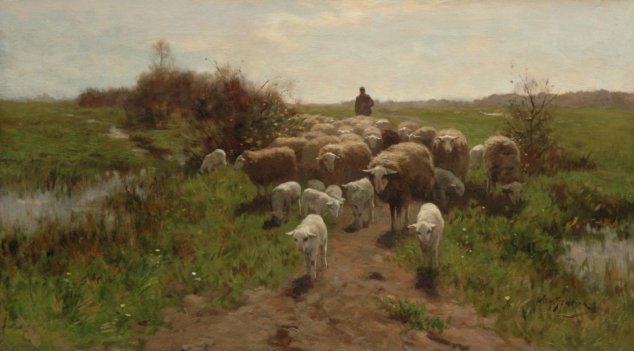 Steelink jr. W.  | Willem Steelink jr., Shepherd with his flock, Öl auf Leinwand 56,7 x 100,4 cm, signed l.r.