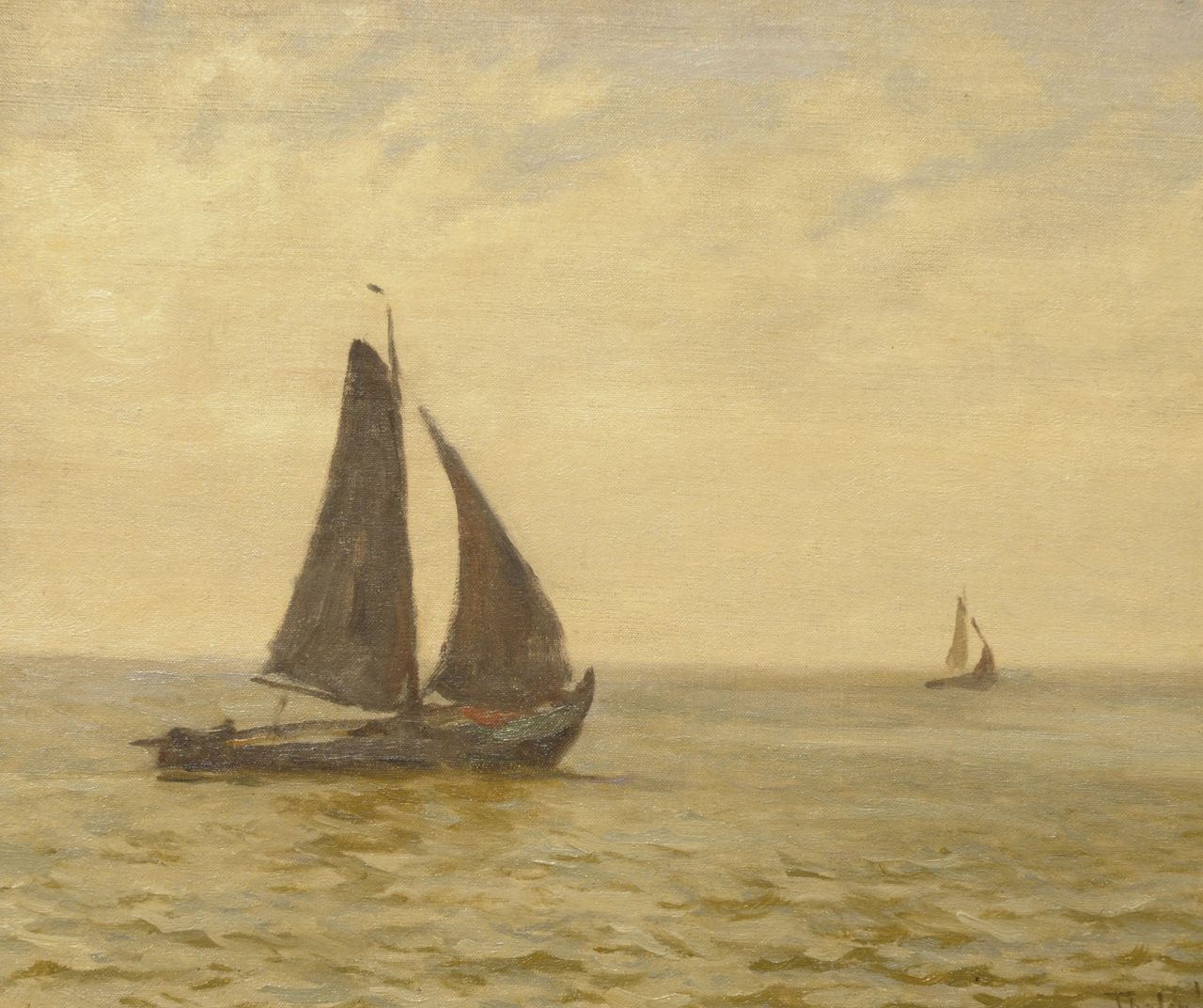Tholen W.B.  | Willem Bastiaan Tholen, Fishing boats at sea, Öl auf Leinwand auf Holz 31,3 x 37,0 cm, signed l.r. und dated '15