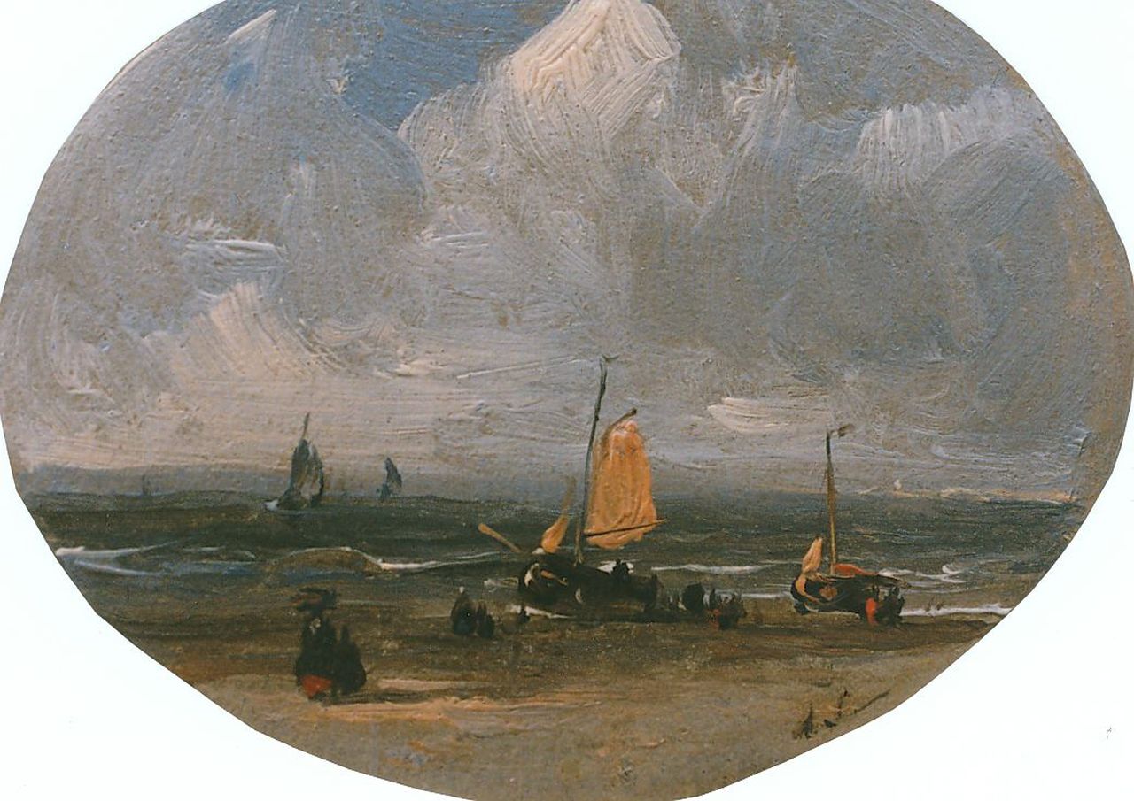 Schelfhout A.  | Andreas Schelfhout, A view on the beach, Öl auf Holz, oval 6,0 x 7,5 cm, signed l.r. with monogram