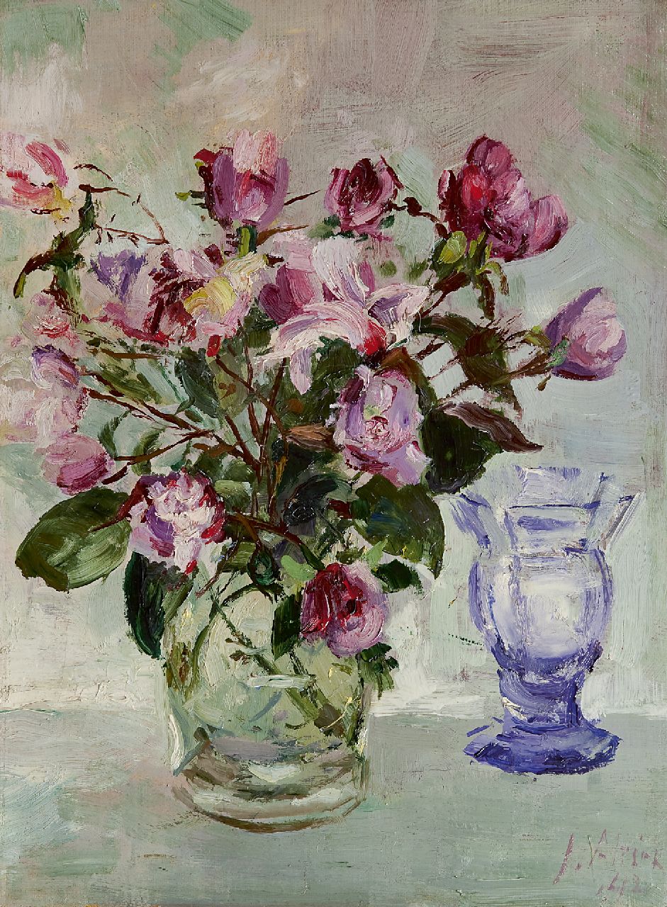 Altink J.  | Jan Altink, Roses in a glass vase, Öl auf Leinwand 40,0 x 30,0 cm, signed l.r. und datiert '42