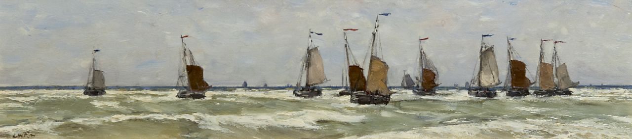 Wenckebach L.W.R.  | Ludwig 'Willem' Reijmert Wenckebach, Fishingboats setting sail, Öl auf Holz 22,7 x 76,8 cm, signed l.r. with initials