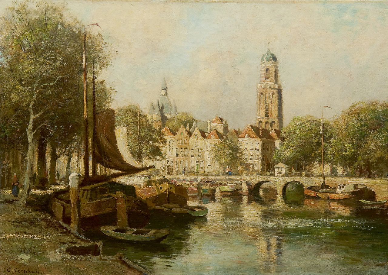 Bouter C.W.  | Cornelis Wouter 'Cor' Bouter, A view of Zwolle with the Onze-Lieve-Vrouwetoren or 'Peperbus', Öl auf Leinwand 50,0 x 70,3 cm, signed l.l. 'C. Verschuur'