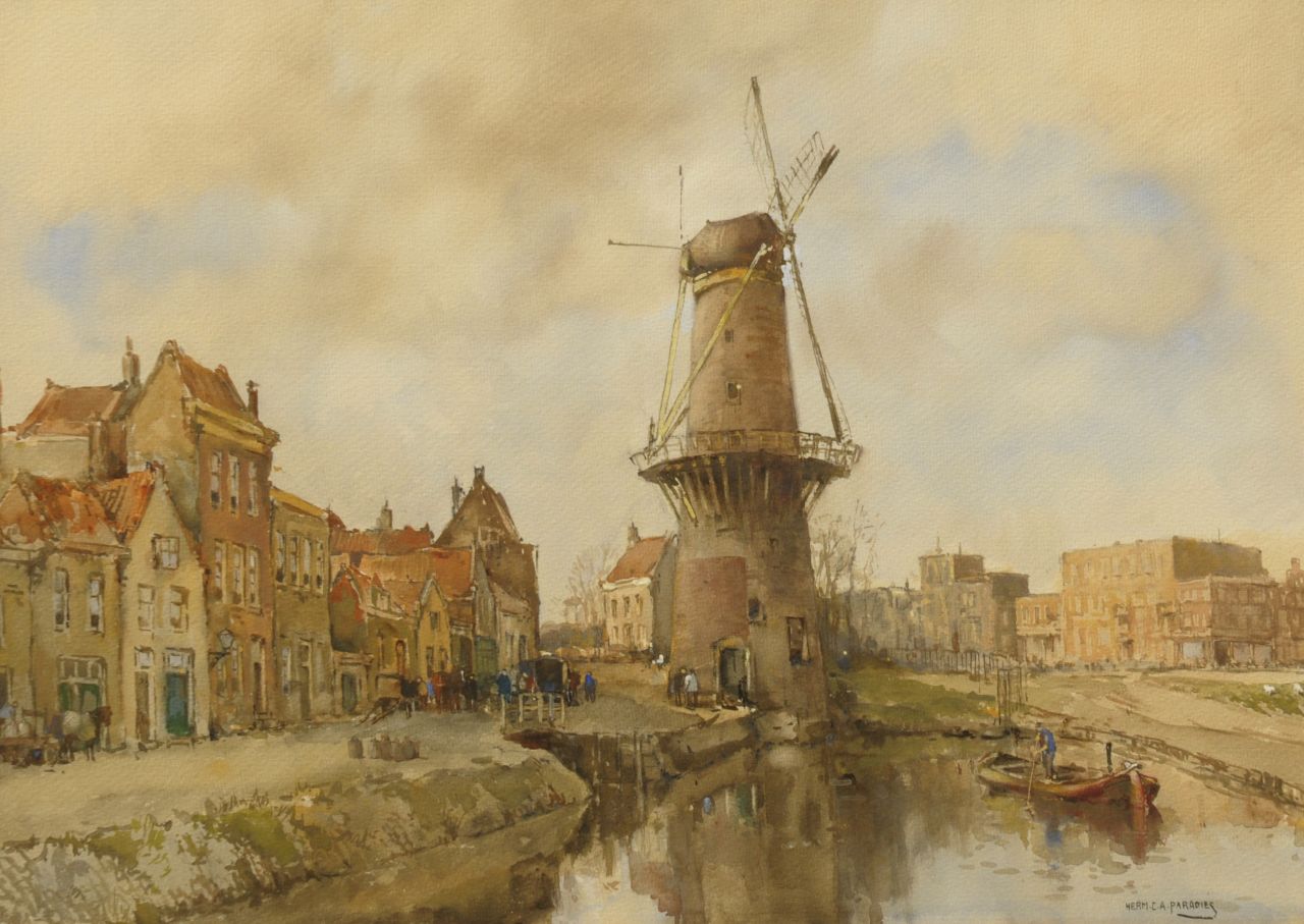 Paradies H.C.A.  | Herman Cornelis Adolf Paradies, Windmill 'De Drie Koornbloemen' Schiedam, Aquarell auf Papier 50,0 x 70,1 cm, signed l.r.