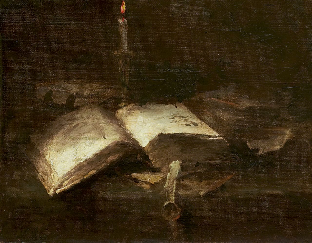 Roosenboom M.C.J.W.H.  | 'Margaretha' Cornelia Johanna Wilhelmina Henriëtta Roosenboom, Still life with a bible, Öl auf Leinwand 18,8 x 24,0 cm, signed l.l. with initials und executed in 1891