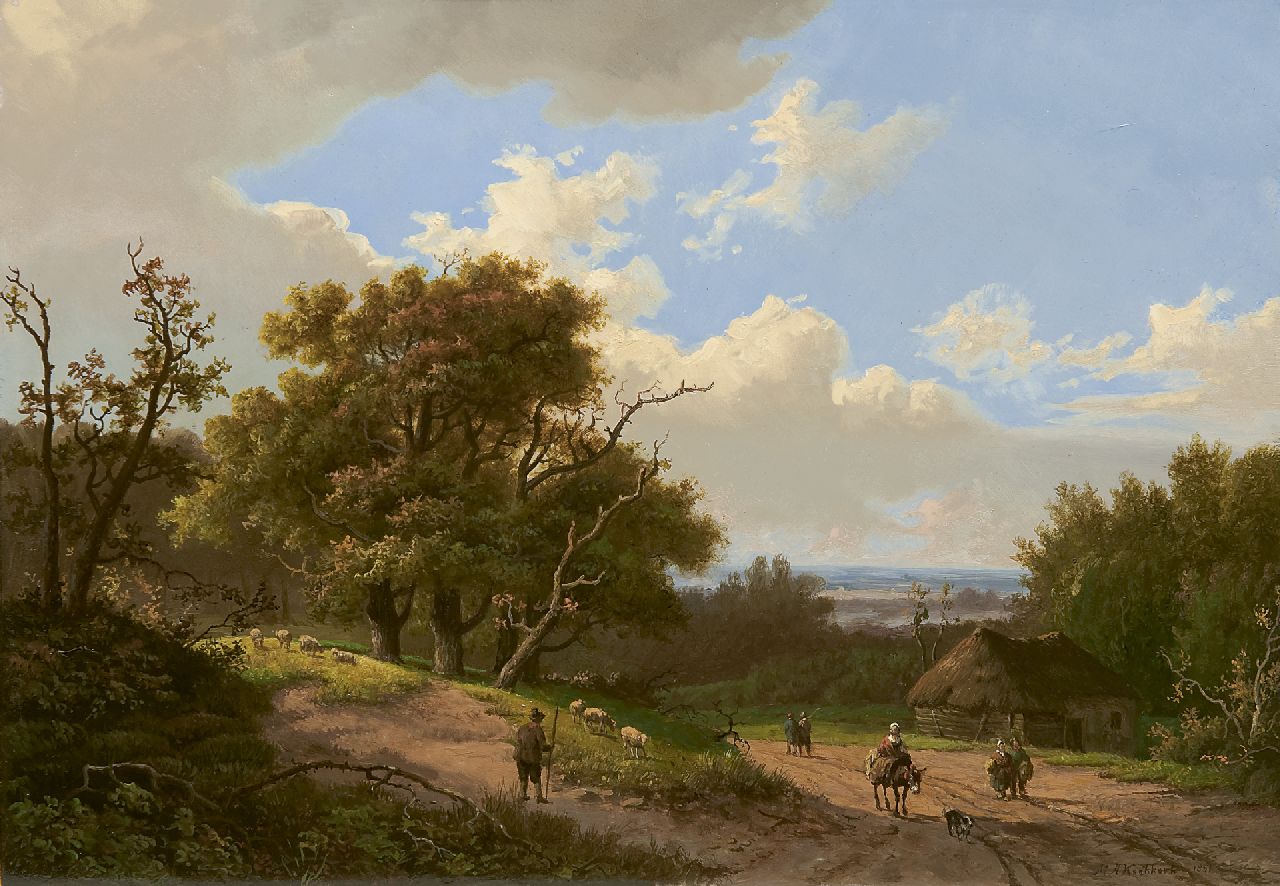 Koekkoek I M.A.  | Marinus Adrianus Koekkoek I, Waldlandschaft und Hirt mit seiner Herde, Öl auf Holz 24,5 x 34,9 cm, Unterzeichnet r.u. und datiert 1851