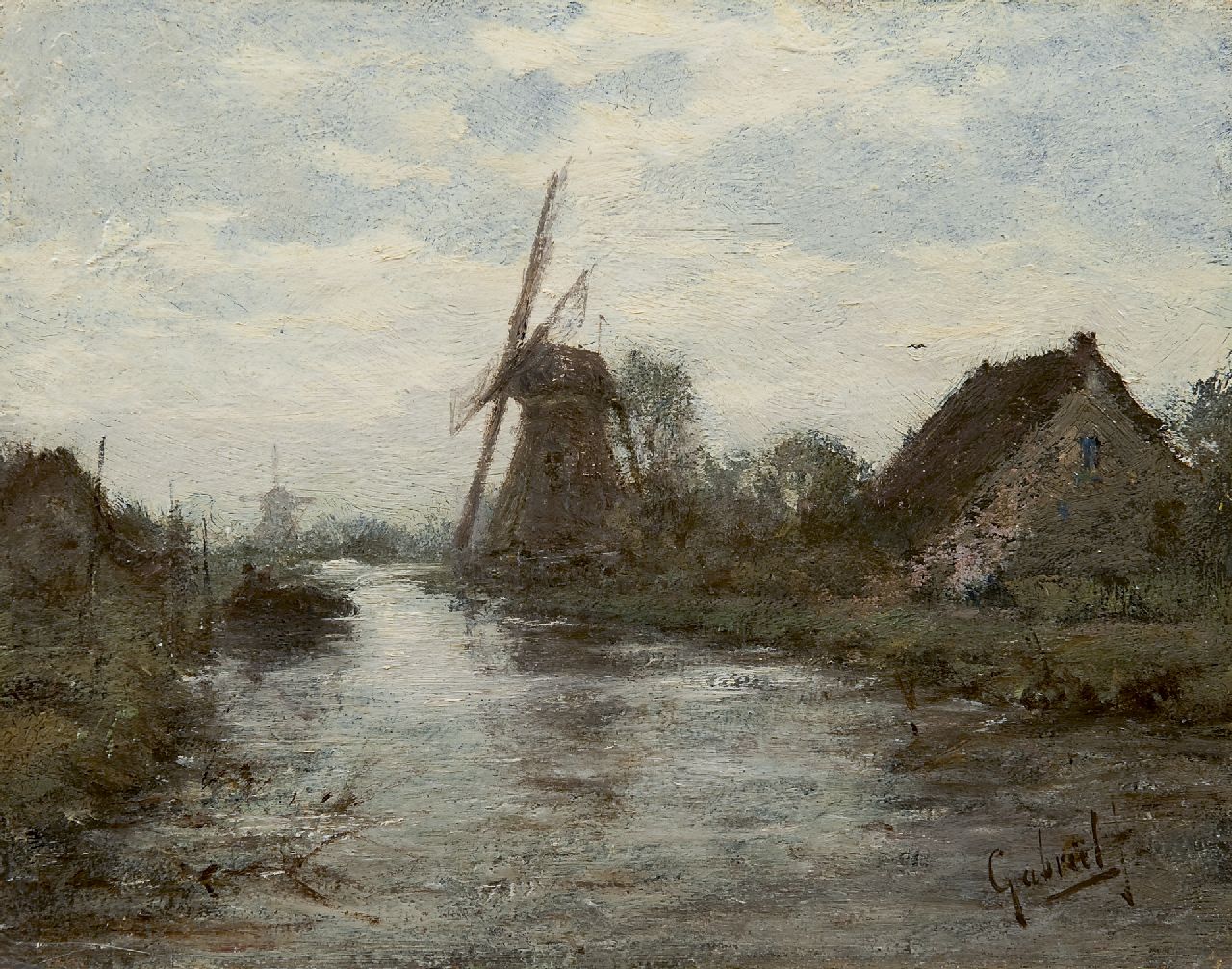 Gabriel P.J.C.  | Paul Joseph Constantin 'Constan(t)' Gabriel, A polder landscape with windmills, Öl auf Holz 18,6 x 23,9 cm, signed l.r.