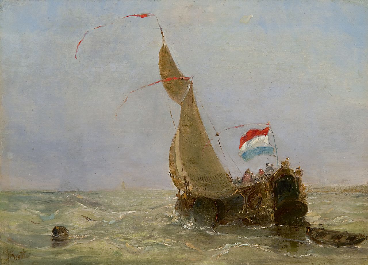 Beest A. van | Albertus van Beest, Vergnügliche Fahrt mit einer 'Boeier auf unruhiger See, Öl auf Holz 14,8 x 20,7 cm, Unterzeichnet u.l.