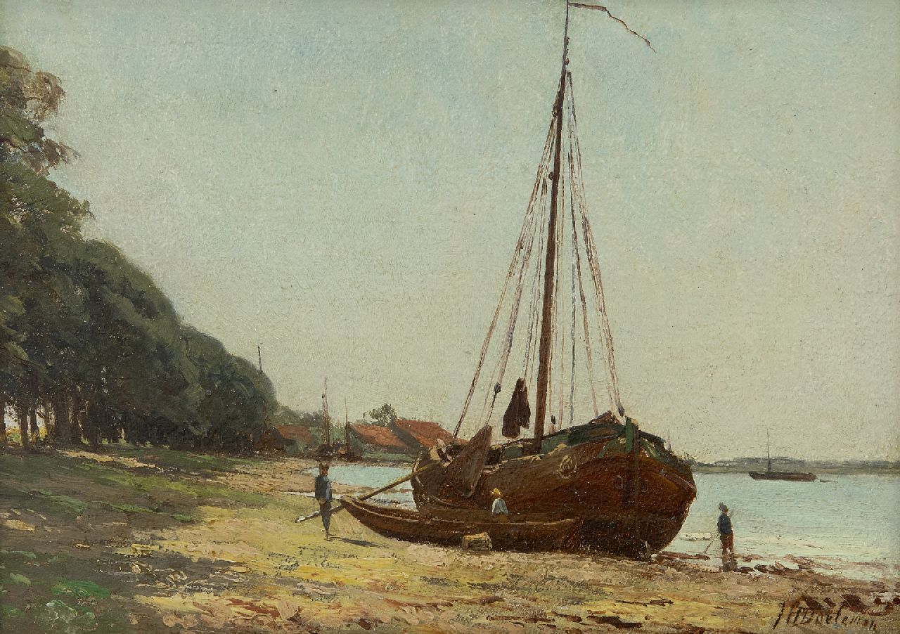 Doeleman J.H.  | Johan Hendrik Doeleman | Gemälde zum Verkauf angeboten | Plattboden Boot bei Ebbe, Öl auf Holz 19,6 x 28,0 cm, Unterzeichnet r.u.