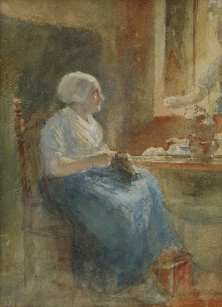 Mélis H.J.  | Henricus Joannes Mélis, Women kniting, Aquarell auf Papier 32,0 x 23,0 cm, gesigneerd linksonder