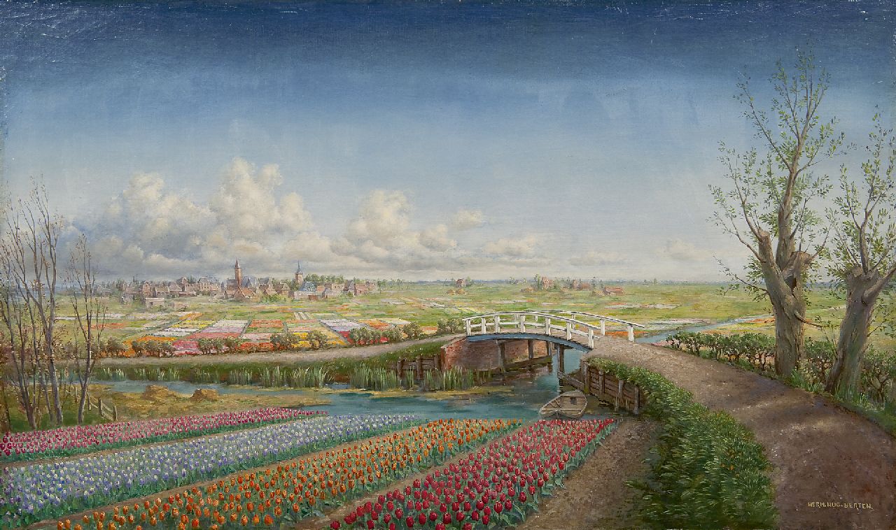 Berten H.H.  | Hermann 'Hugo' Berten, Bulb fields near Noordwijk-Binnen, Öl auf Leinwand 47,0 x 77,4 cm, signed l.r. und painted in the 30's/40's