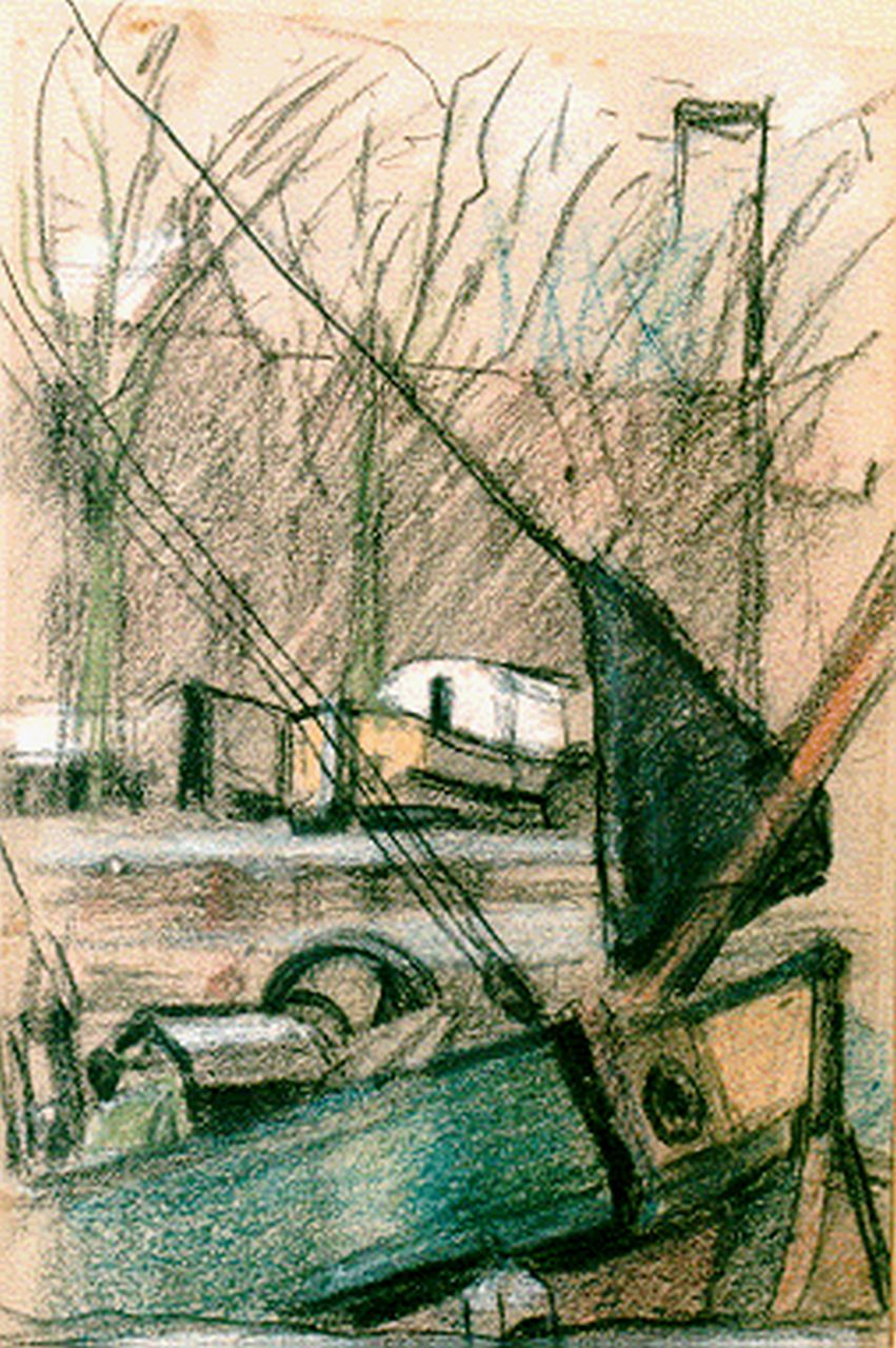 Kruyder H.J.  | 'Herman' Justus Kruyder, Moored boats, Het Spaarne, Gemischte Technik auf Papier 20,5 x 13,5 cm, signed l.c.