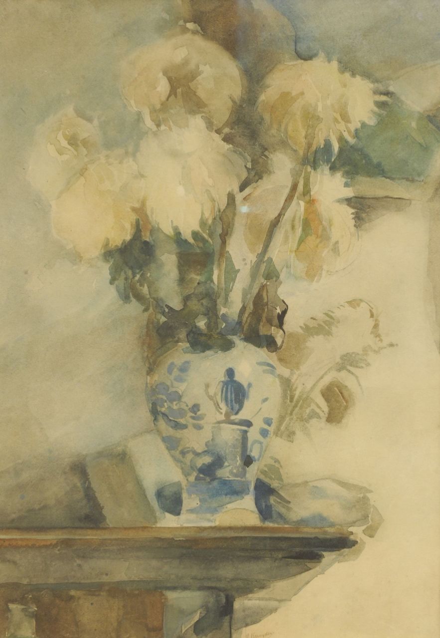 Kruyder H.J.  | 'Herman' Justus Kruyder, Chrysanthemen in Delfter blauer Vase, Gemischte Technik auf Papier 60,5 x 42,5 cm, Unterzeichnet M.u.