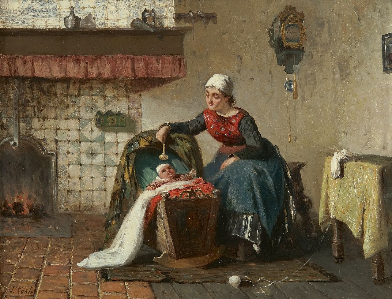 Kool S.C.  | Sipke 'Cornelis' Kool | Gemälde zum Verkauf angeboten | Mutter und Kind am Ofenfeuer, Öl auf Holz 26,6 x 35,0 cm, Unterzeichnet l.u. und datiert 1881