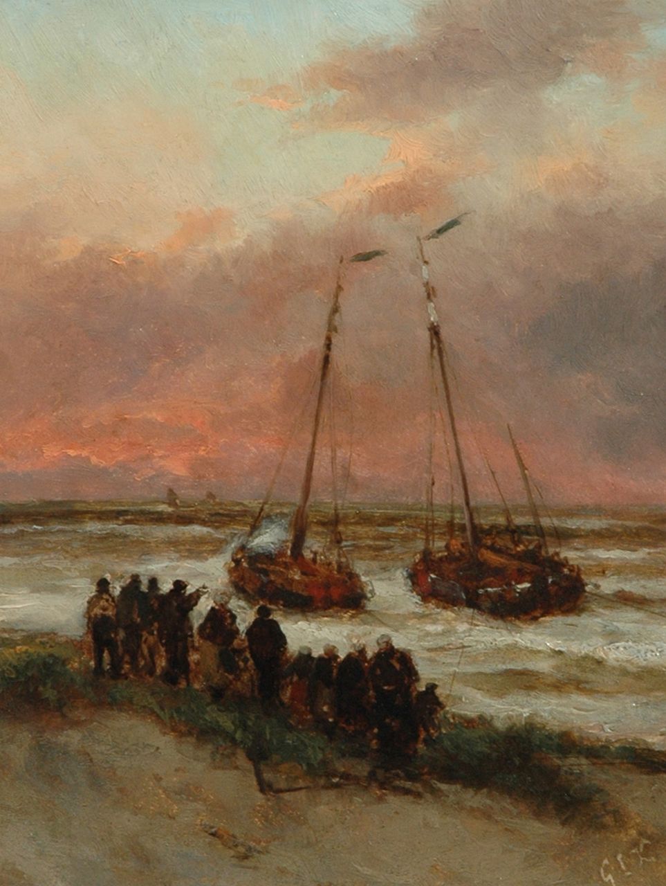 Kiers G.L.  | George Lourens Kiers, The fishing fleet setting out for sea, Öl auf Malereifaser 22,7 x 17,5 cm, signed l.r. with initials and reverse