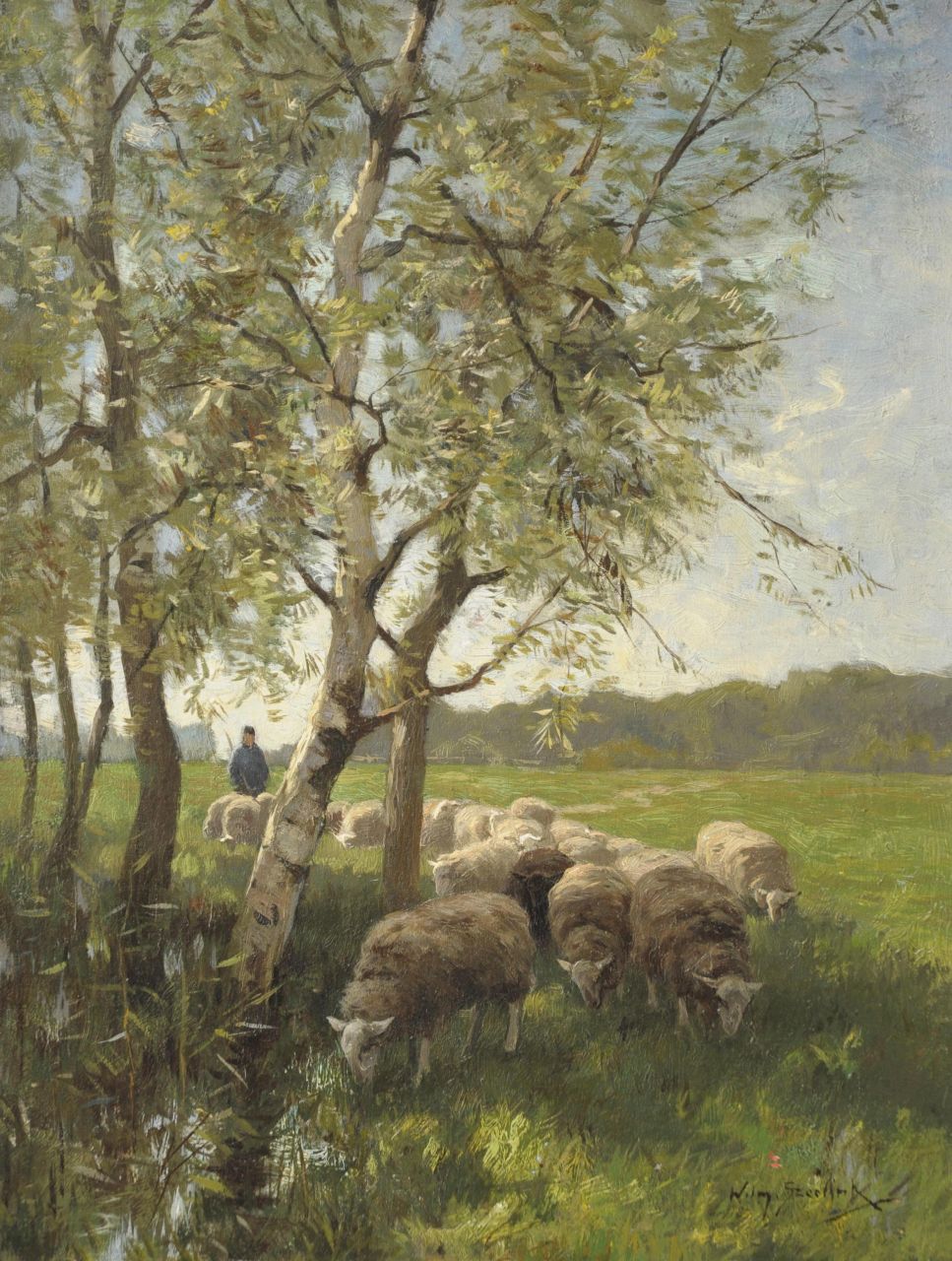 Steelink jr. W.  | Willem Steelink jr., Hirt mit seiner Herde, Öl auf Leinwand 41,3 x 31,6 cm, Unterzeichnet r.u.
