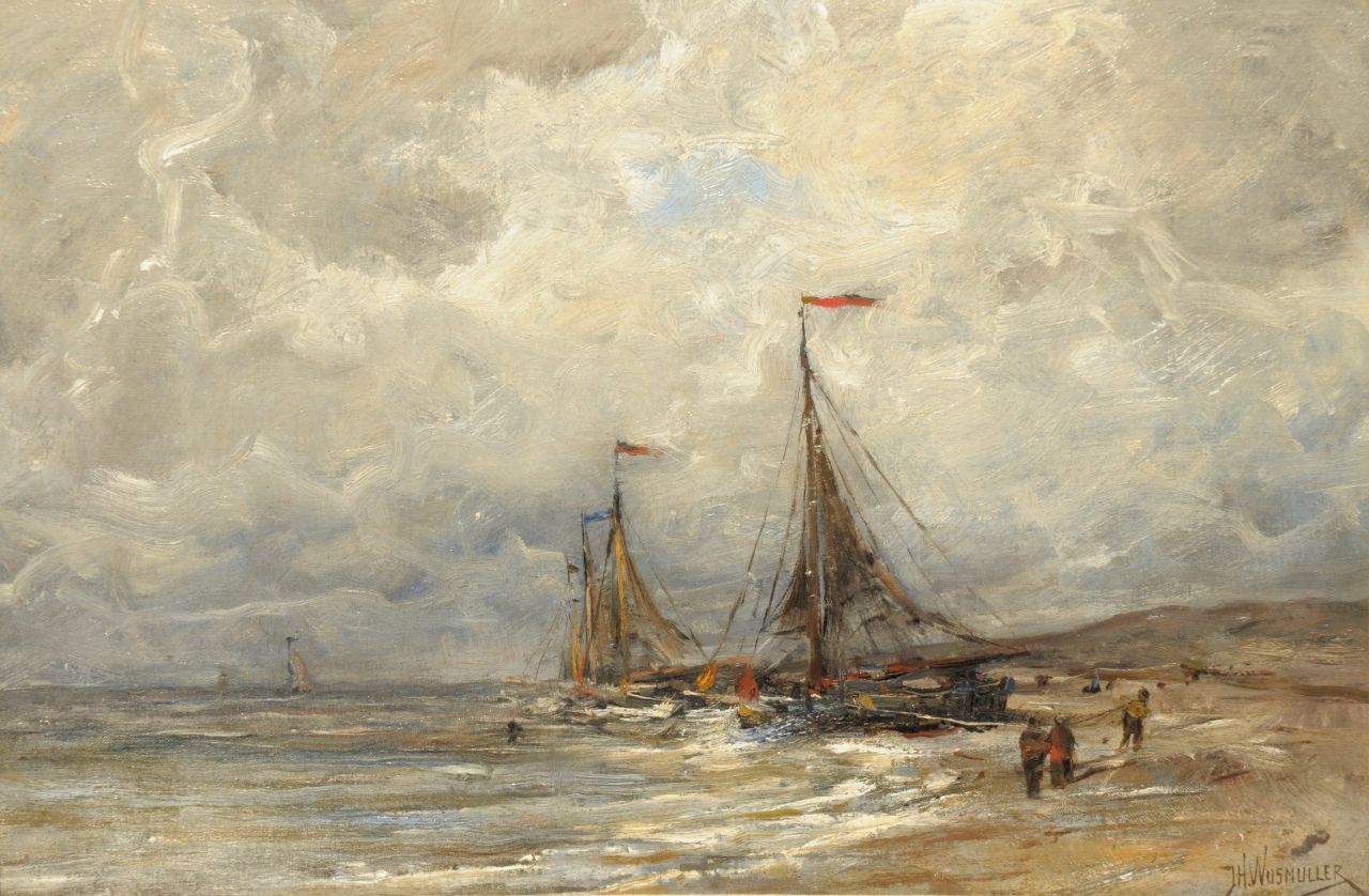Wijsmuller J.H.  | Jan Hillebrand Wijsmuller, Sailing boats at the beach of Egmond aan Zee, Öl auf Leinwand 32,1 x 48,2 cm, signed l.r.