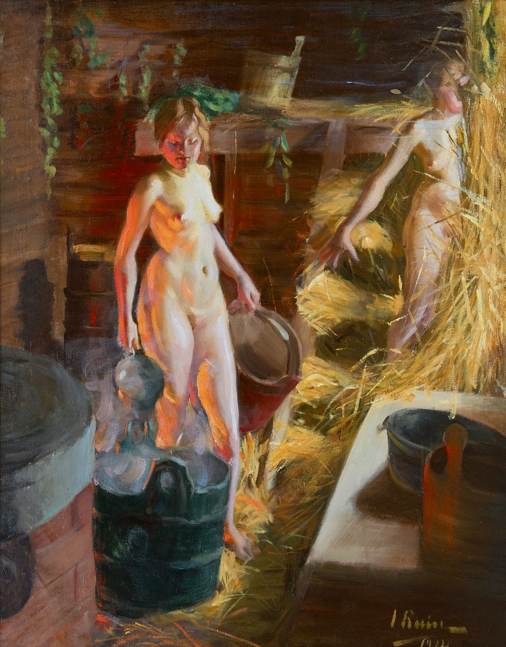 Ruin I.L.  | Ingrid Linnea Ruin, Zwei Mädchen in der Sauna, Öl auf Leinwand 92,3 x 76,3 cm, Unterzeichnet r.u. und datiert 1914