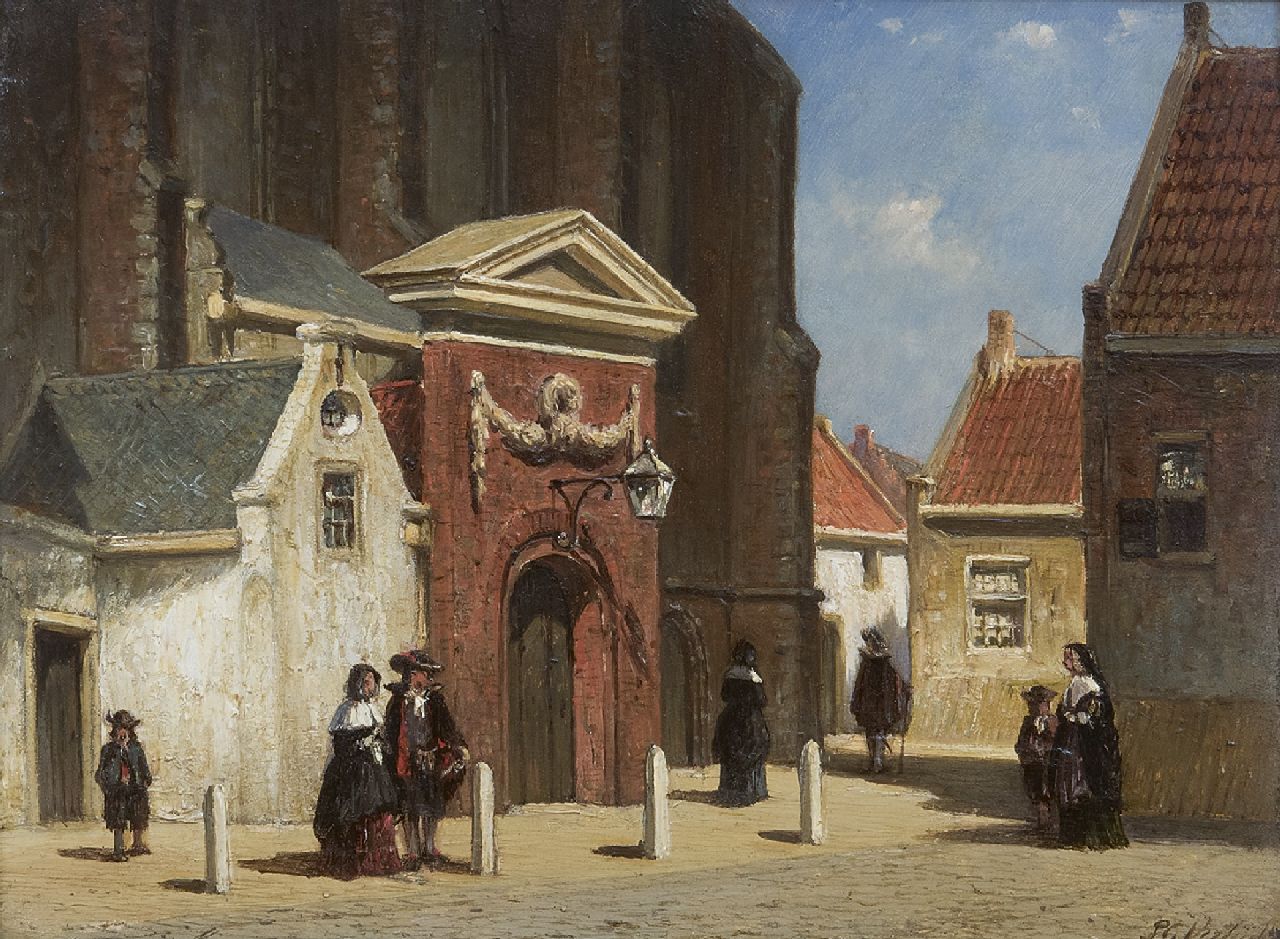 Vertin P.G.  | Petrus Gerardus Vertin | Gemälde zum Verkauf angeboten | Gesicht auf der 'Waalse Kirche', Haarlem, Öl auf Holz 19,0 x 25,0 cm, Unterzeichnet r.u.