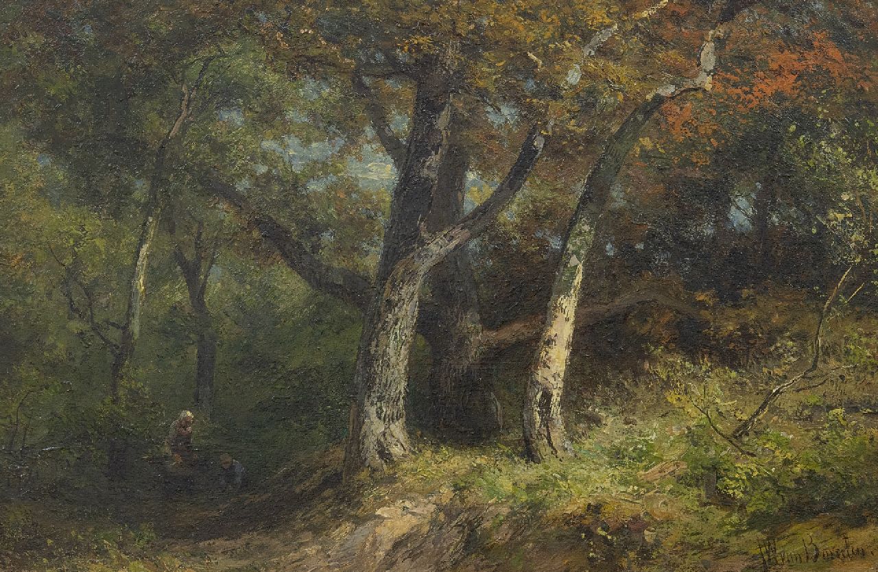 Borselen J.W. van | Jan Willem van Borselen, Holzleser im Waldweg, Öl auf Holz 27,8 x 42,0 cm, Unterzeichnet r.u.