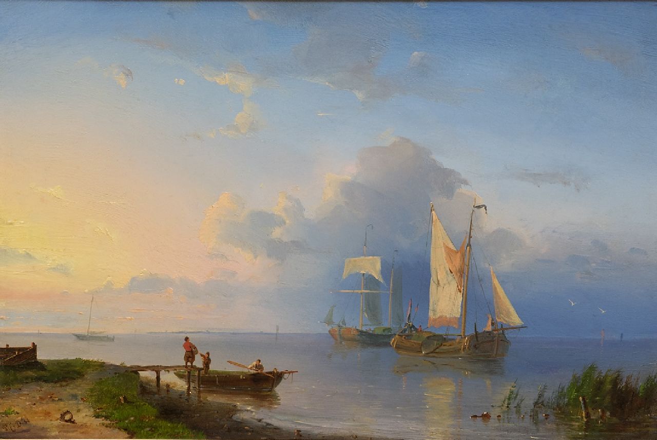 Dommershuijzen P.C.  | Pieter Cornelis Dommershuijzen | Gemälde zum Verkauf angeboten | Flußlandschaft mit Segelschiffen bei Sonnenaufgang, Öl auf Holz 22,0 x 32,6 cm, Unterzeichnet l.u. mit Initialen und datiert '54