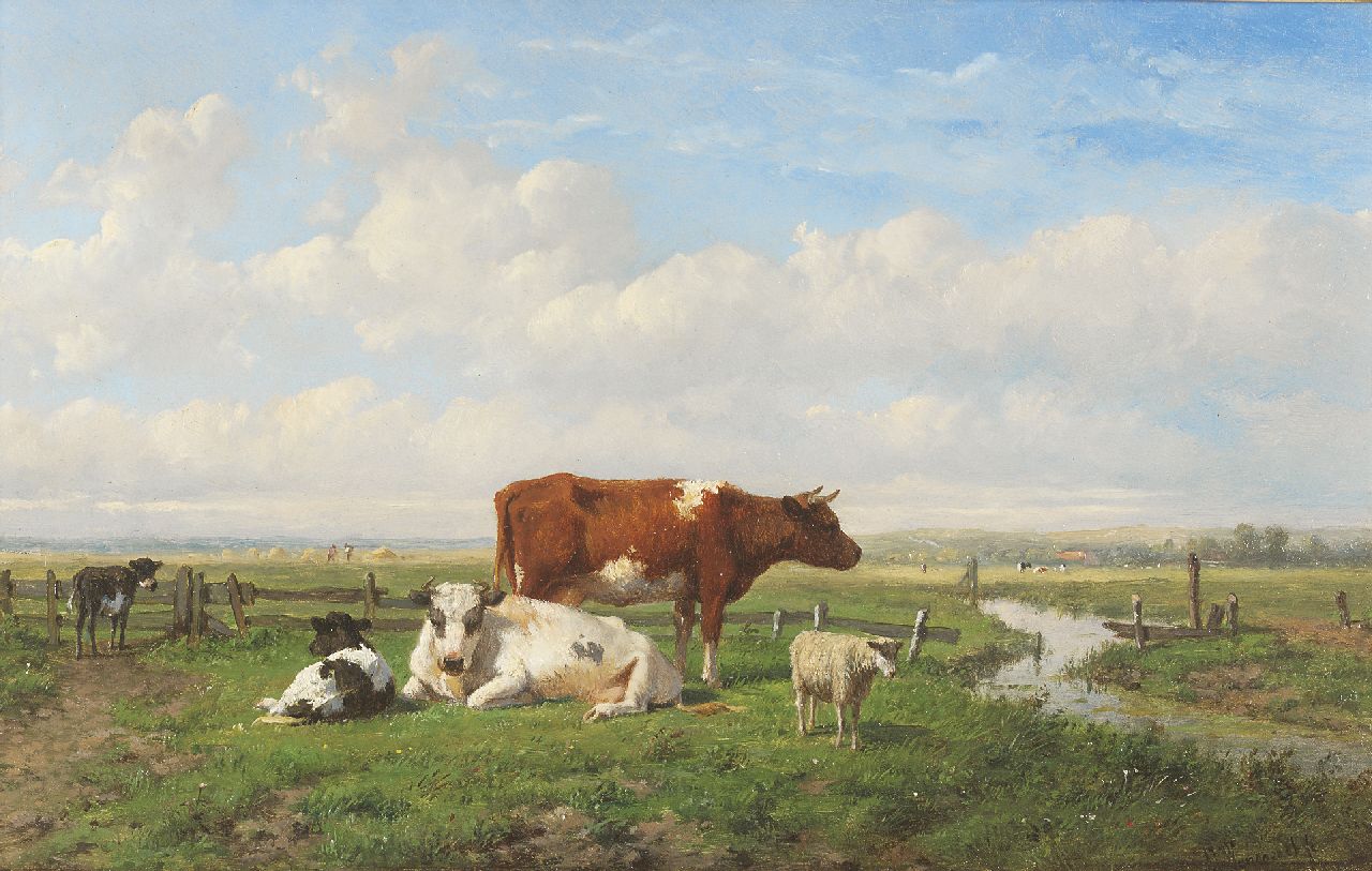 Wijngaerdt A.J. van | Anthonie Jacobus van Wijngaerdt, Holländische Weidelandschaft mit Vieh, Öl auf Holz 22,6 x 36,0 cm, Unterzeichnet r.u.
