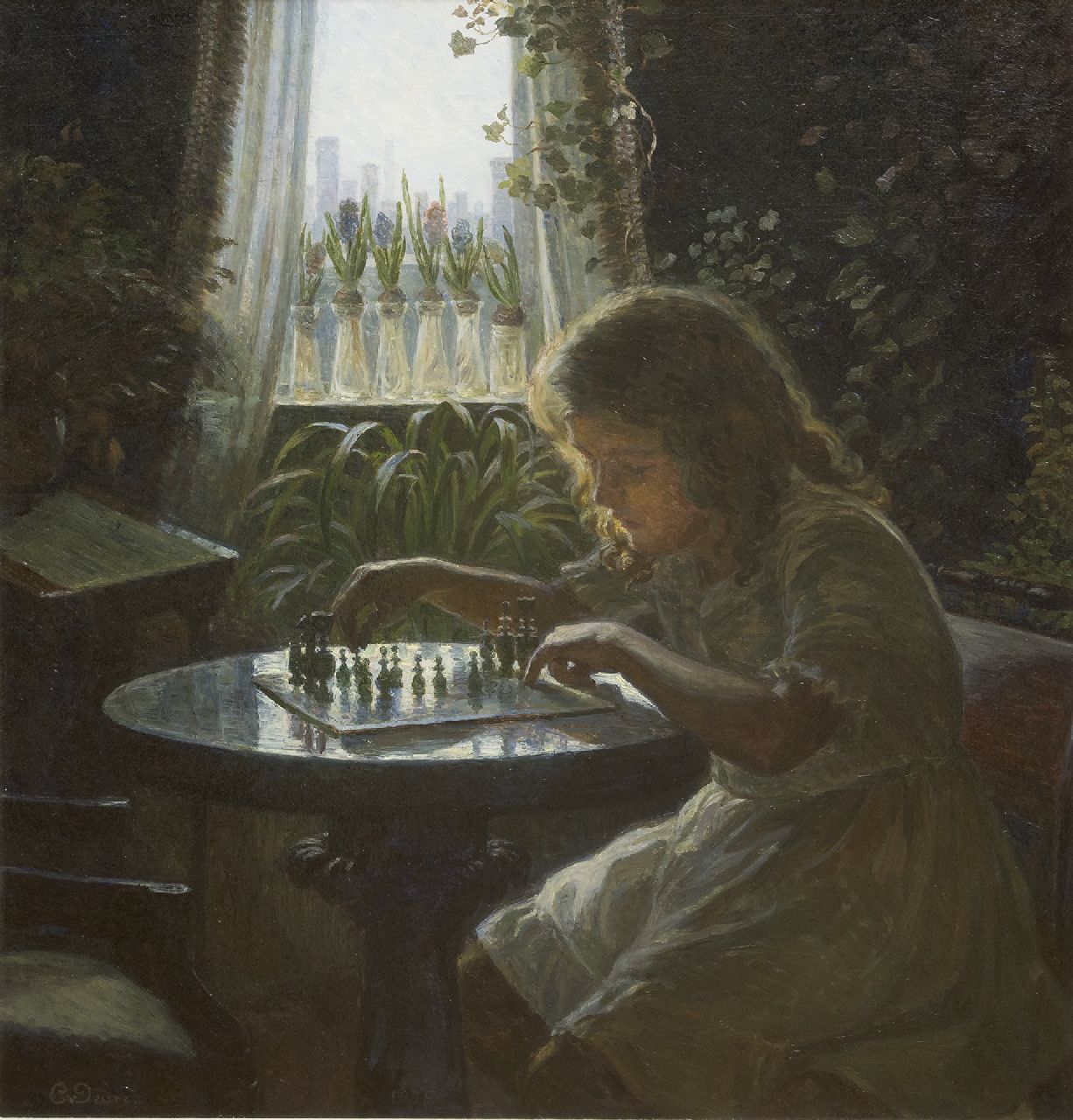 Schønheyder van Deurs C.A.  | Caroline Alexia Schønheyder van Deurs, Die junge Schachspielerin, Öl auf Leinwand 63,5 x 59,5 cm, Unterzeichnet l.u.