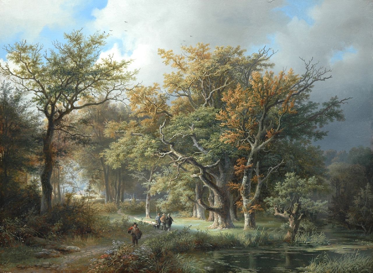 Haanen R.A.  | Remigius Adrianus Haanen, A forest landscape with country-people and hunters, Öl auf Holz 42,2 x 57,1 cm