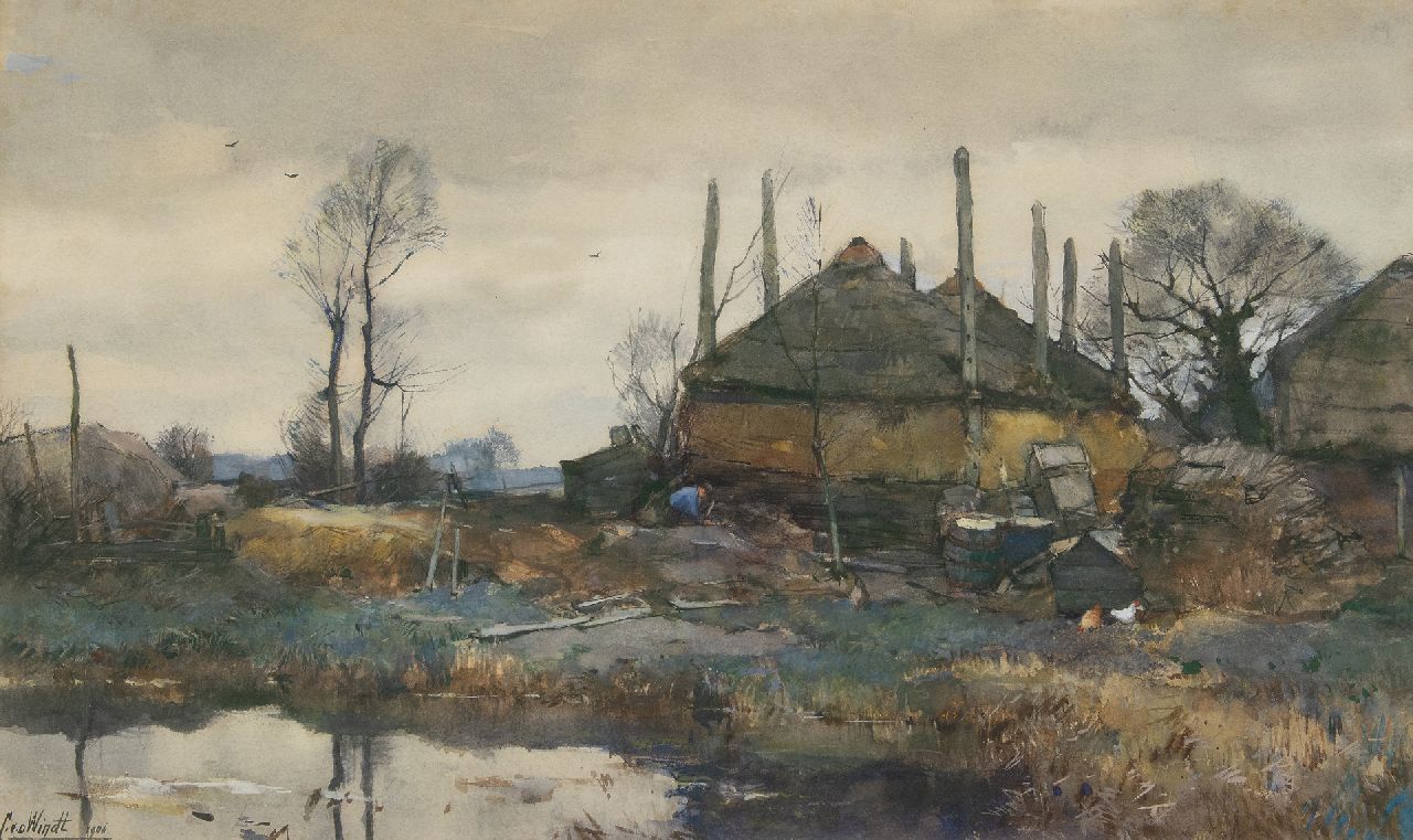 Windt Ch. van der | Christophe 'Chris' van der Windt | Aquarelle und Zeichnungen zum Verkauf angeboten | Bauernhof am Wasser, Aquarell und Gouache auf Papier 42,3 x 70,2 cm, Unterzeichnet l.u. und datiert 1906