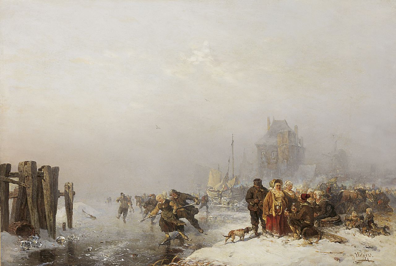 Hilgers C.  | Carl Hilgers, Skaters on the ice in a winter landscape, Öl auf Leinwand 48,7 x 65,9 cm, signed l.r. und dated 1886 on reverse