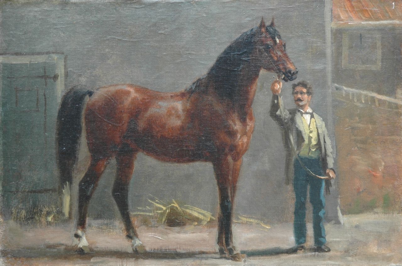 Eerelman O.  | Otto Eerelman, A thoroughbred with his groom in the stable, Öl auf Leinwand auf Holz 35,0 x 52,0 cm