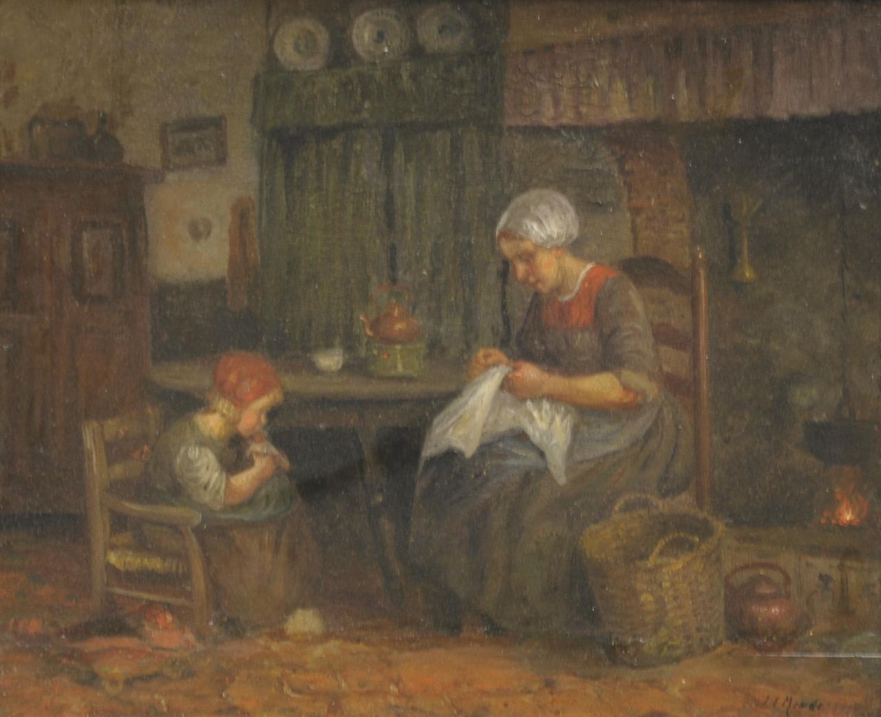 Mendes J.E.  | Jules Eduard Mendes, Woman sewing, Öl auf Holz 33,9 x 41,3 cm, signed l.r.