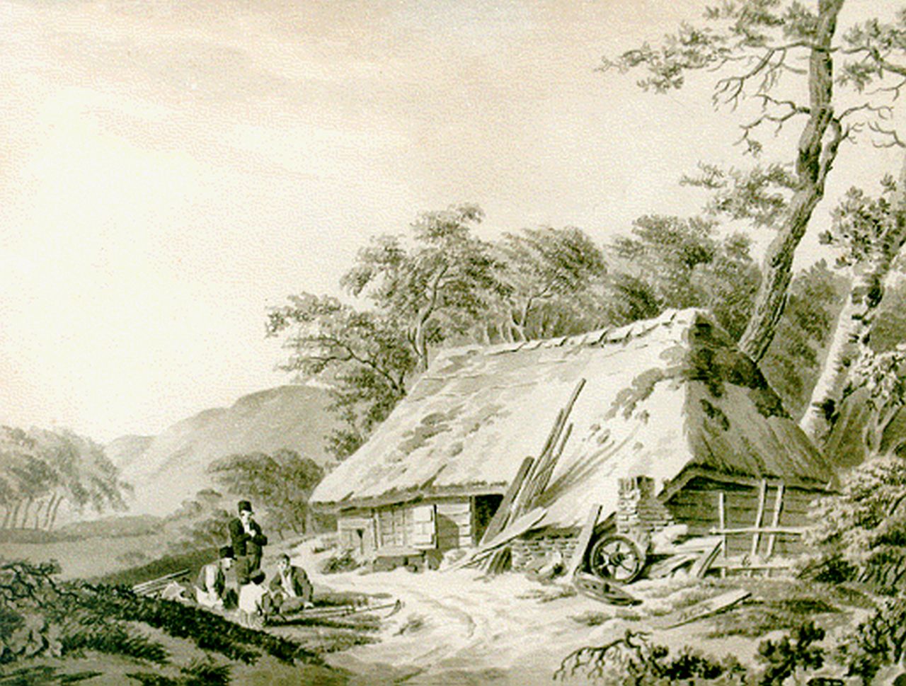 Koekkoek B.C.  | Barend Cornelis Koekkoek, Travellers resting near a farm, Sepia auf Papier 18,0 x 23,5 cm, signed l.r. with monogram