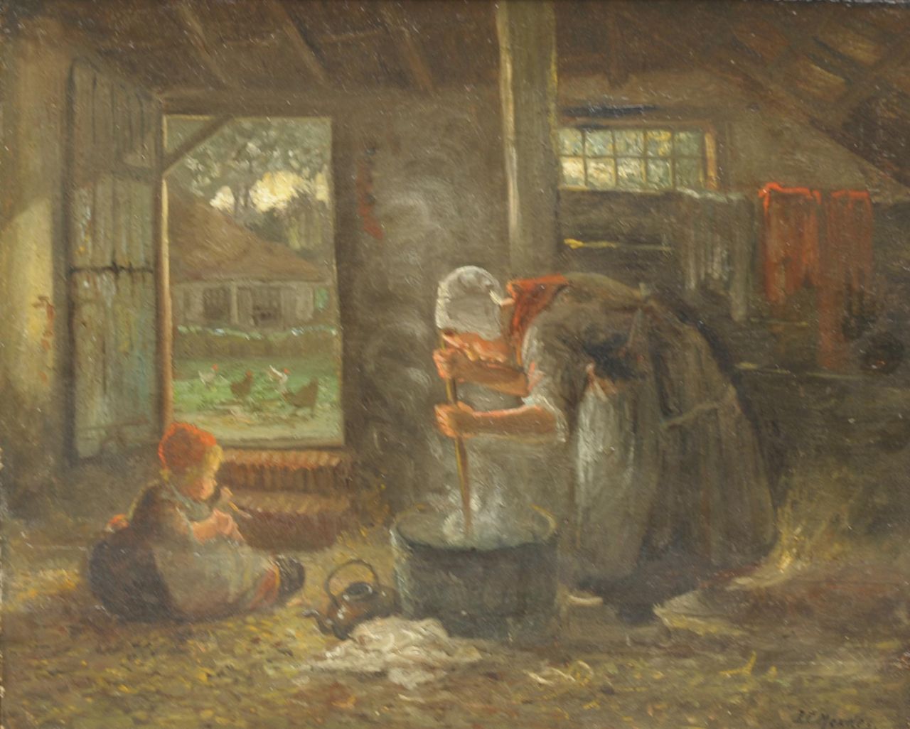 Mendes J.E.  | Jules Eduard Mendes, Woman stirring, Öl auf Holz 33,6 x 41,5 cm, signed l.r.