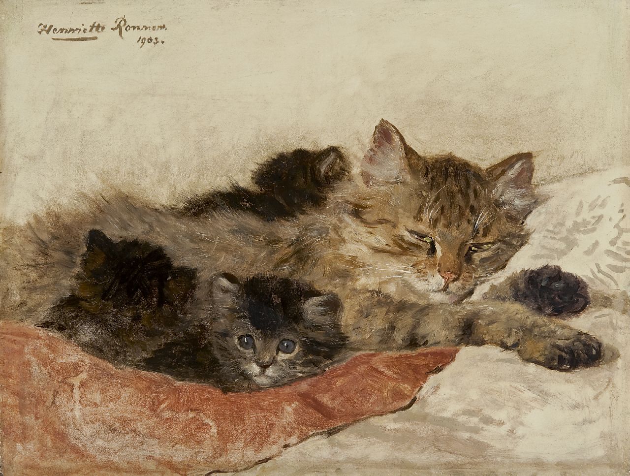 Ronner-Knip H.  | Henriette Ronner-Knip, Dozing cat with her kittens, Öl auf Holz 27,9 x 36,5 cm, signed u.l. und dated 1903
